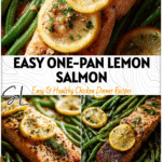 Baked salmon fillet with lemon slices and fresh green beans on a single sheet pan.