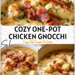 One-Pot Creamy Chicken Gnocchi Soup with Bacon Cheddar Comfort 5 Bowl of creamy chicken gnocchi soup with bacon and cheddar garnished with herbs in a white pot.