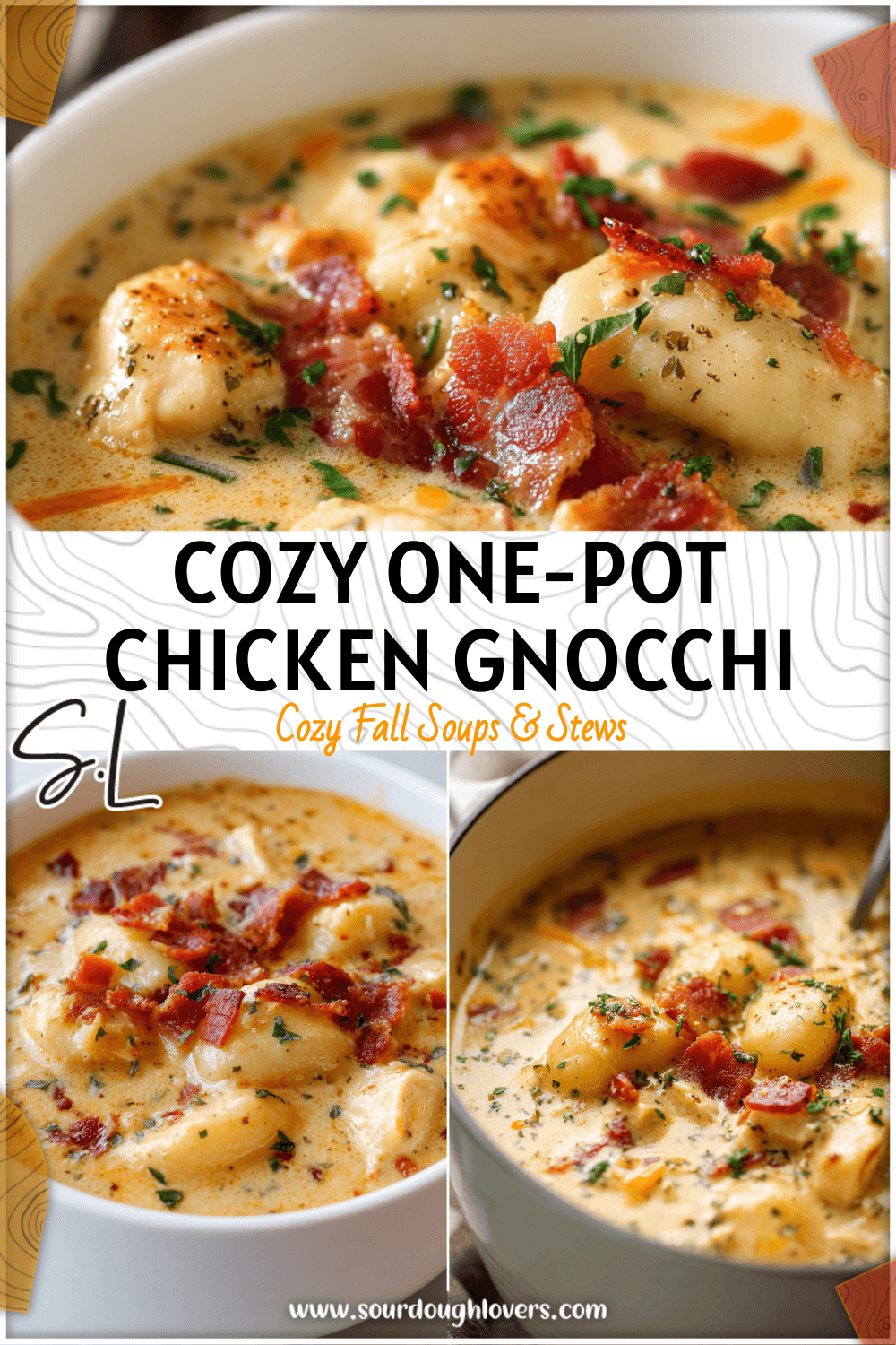Bowl of creamy chicken gnocchi soup with bacon and cheddar garnished with herbs in a white pot.