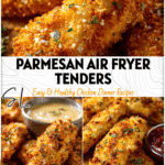 Parmesan Crusted Air Fryer Chicken Tenderloins Recipe to Love 5 Close-up of Airfryer Parmesan Crusted Chicken Tenderloins served on rustic board with dipping sauce.