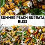 Fresh Grilled Peach And Burrata Salad with corn, basil, and balsamic glaze on a white plate.