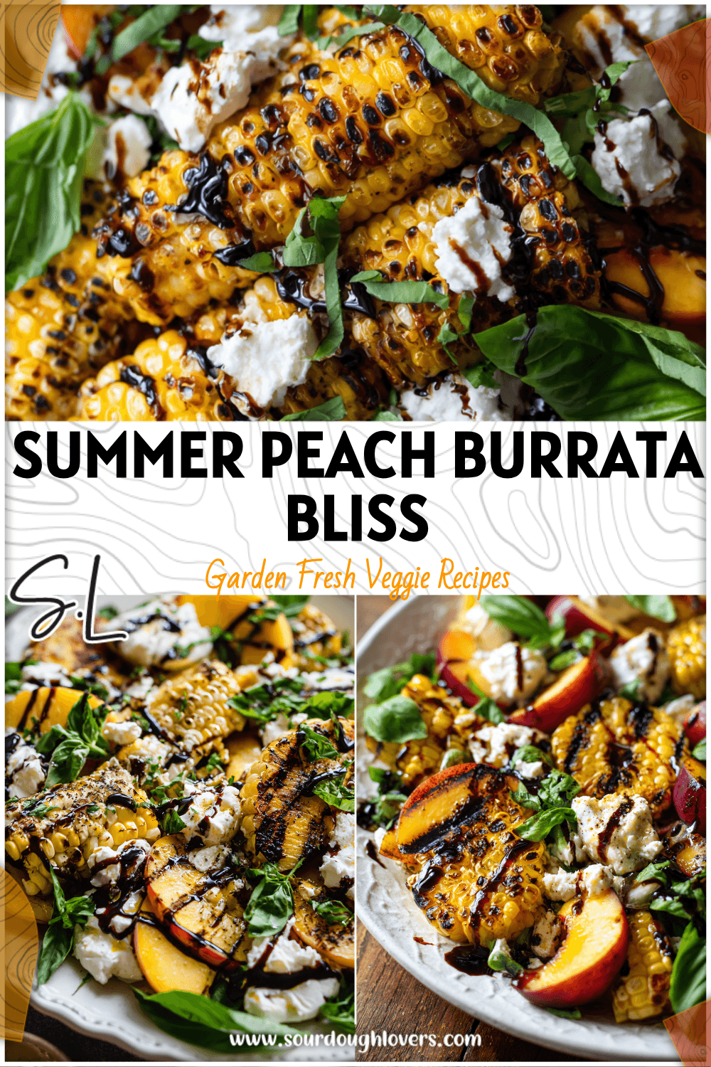 Fresh Grilled Peach And Burrata Salad with corn, basil, and balsamic glaze on a white plate.