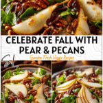 A vibrant Pear And Pecan Salad with sliced pears, roasted pecans, and mixed greens on a rustic plate.