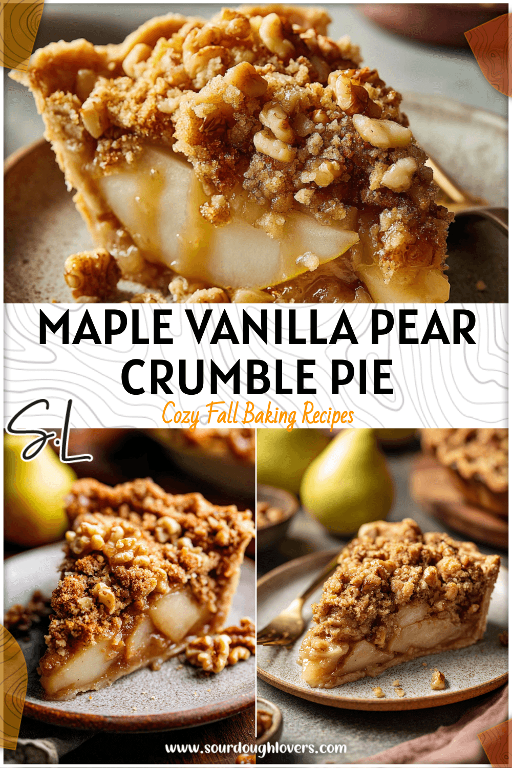 Slice of pear crumble pie with maple vanilla flavor and walnut crumb topping served on rustic plate.