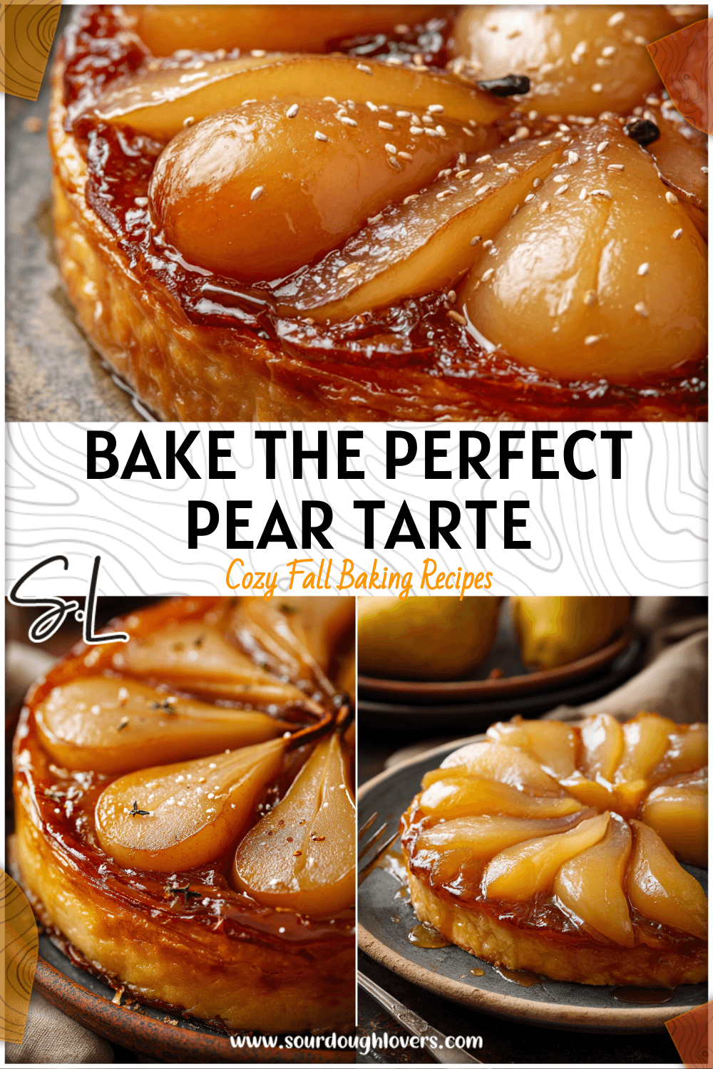 Golden French Pear Tarte Tatin with caramelized pears on flaky pastry served on a rustic plate.