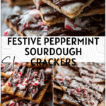 Golden sourdough crackers drizzled with peppe​rmint bark chocolate and flakes of coconut oil glaze.