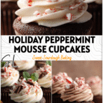 Peppermint chocolate mousse cupcakes decorated with creamy frosting and pieces of peppermint bark.
