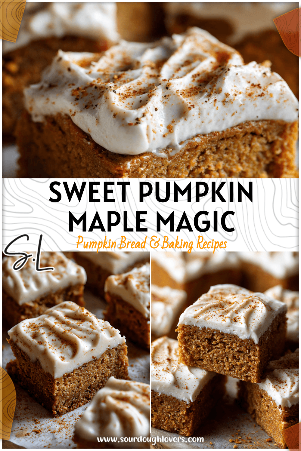 Close-up of pumpkin maple blondies drizzled with cream frosting and dusted with pumpkin seasoning.