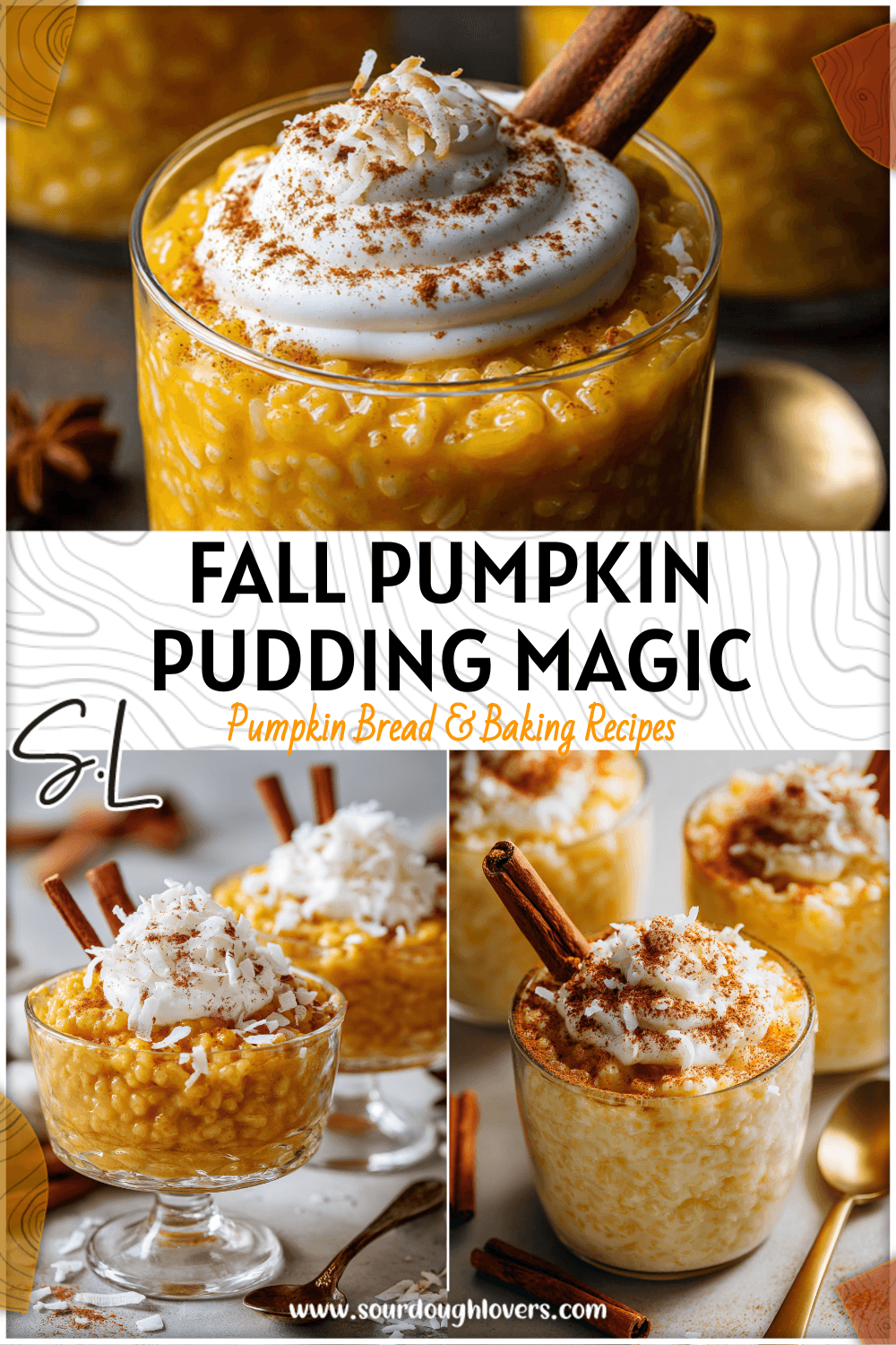 Golden Pumpkin Rice Pudding served in glass cups with coconut flakes and cinnamon sticks.