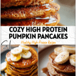 Stack of gluten free high protein pumpkin spice pancakes topped with banana slices and maple drizzle.
