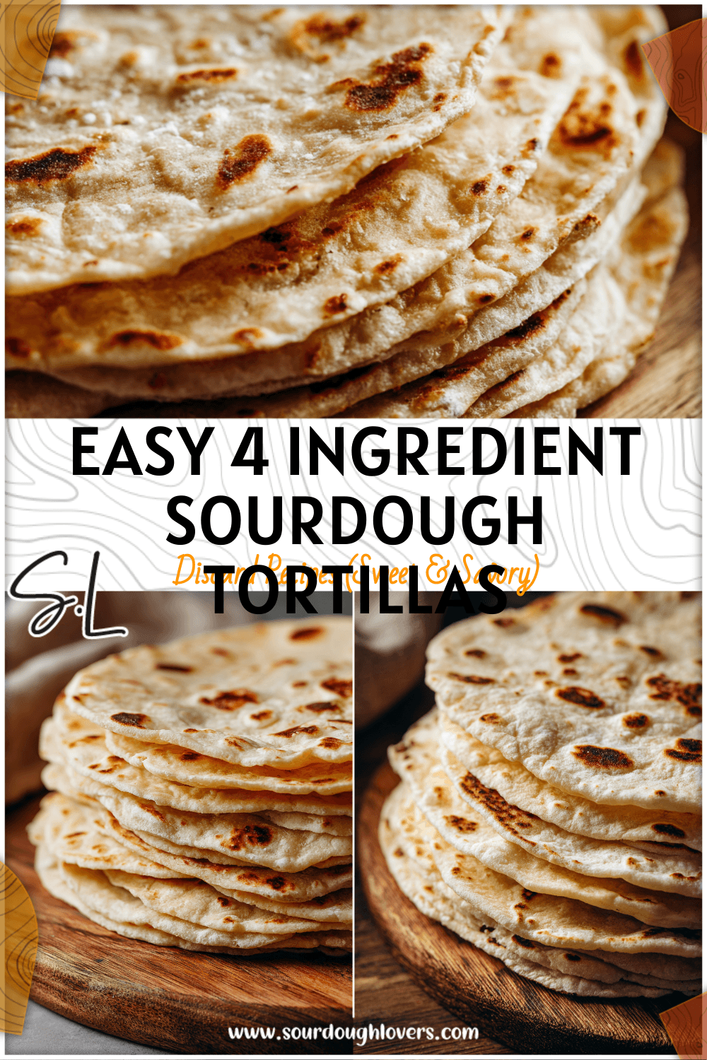 Stack of golden Sourdough Discard Tortillas made with all purpose flour on a wooden board.