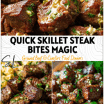Golden Garlic Butter Steak Bites served with pasta salad and fresh parsley garnish.