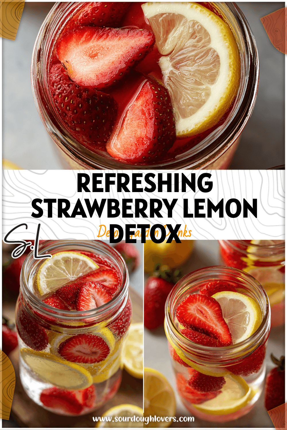 Glass jar of strawberry lemon detox water with fresh fruit slices, ideal for Healthy Water Ideas.