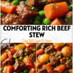 Closeup of rich Instant Pot beef stew with baby carrots and peas served in a deep white bowl.