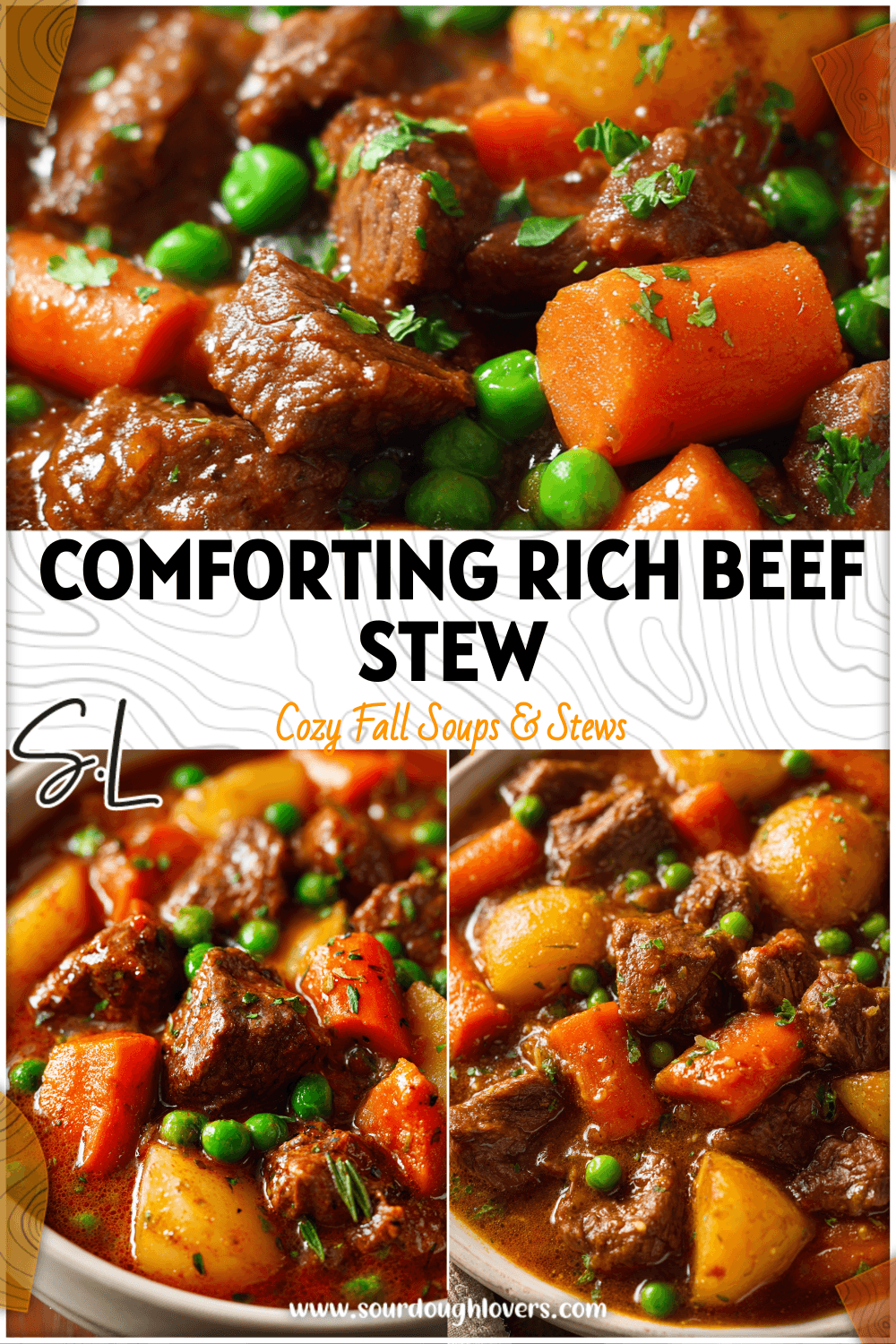 Closeup of rich Instant Pot beef stew with baby carrots and peas served in a deep white bowl.