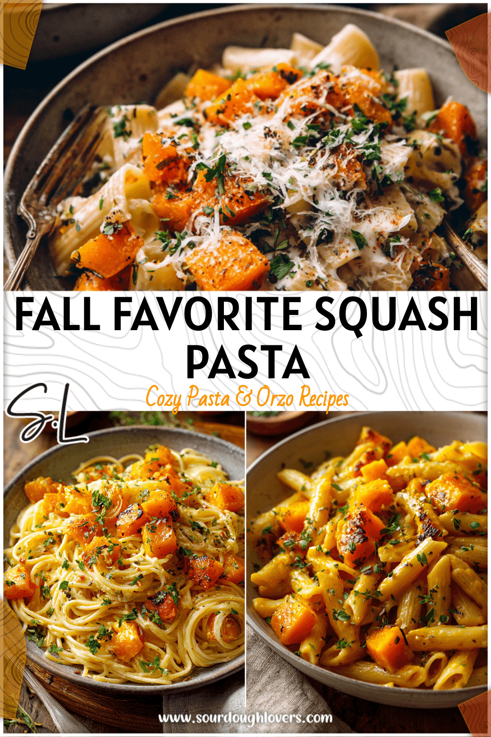 Bowl of pasta and roasted butternut squash with creamy sauce and fresh herbs on a rustic table.
