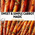 Golden roasted carrots drizzled with honey and sprinkled with thyme on a rustic baking tray.