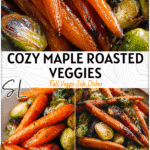 Plate of roasted maple glazed carrots and brussel sprouts as colorful fall veggie sides.