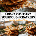 Golden rosemary sea salt Savory Sourdough Crackers stacked on a wooden board beside a small dish of salt.