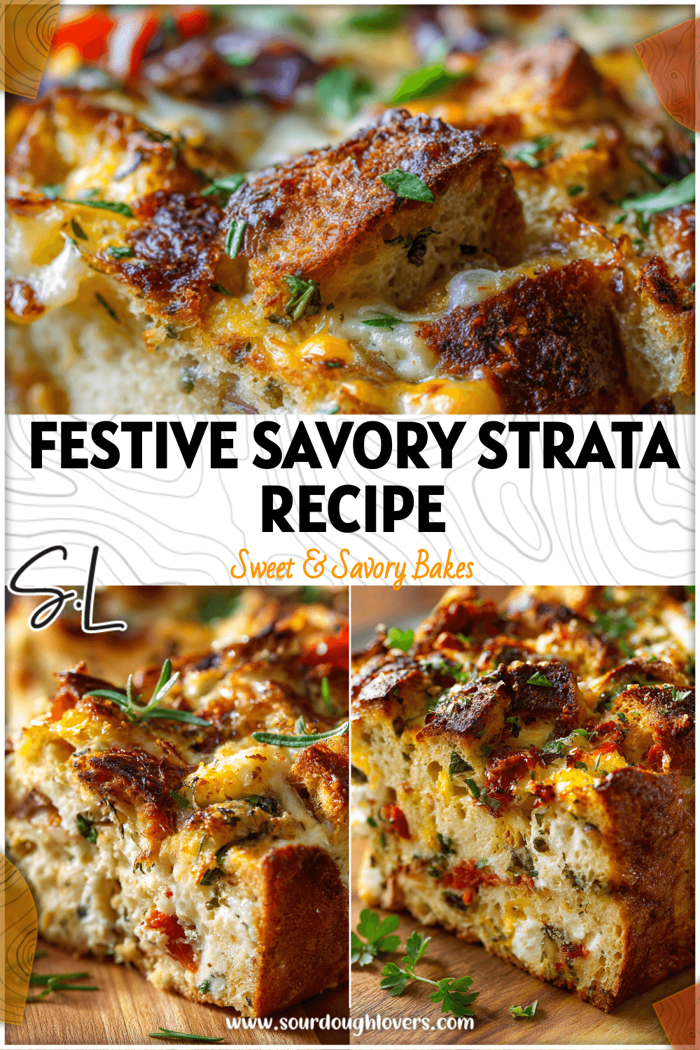 Golden-baked savory sourdough strata with melted cheese and herbs for a hearty Italian breakfast.