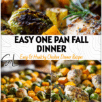 Sheet pan filled with roasted chicken, butternut squash, and Brussel sprouts ready for a fall dinner.