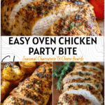 Golden oven baked chicken breast served beside Meat And Cheese Cups and simple charcuterie cups.