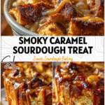 Smoked caramel apple sourdough bread pudding with golden crust and caramel drizzle on top