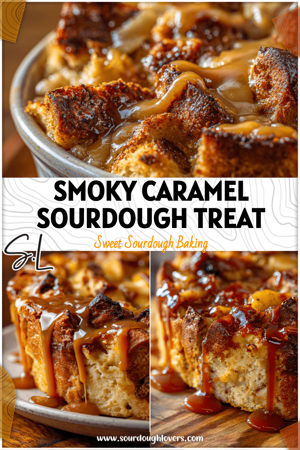 Smoked caramel apple sourdough bread pudding with golden crust and caramel drizzle on top