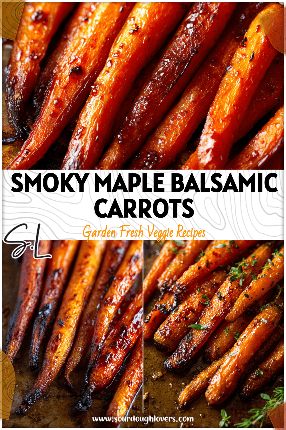 Golden smoky maple roasted carrots glazed with balsamic and caramelized edges on a rustic baking tray