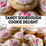 Soft sourdough thumbprint cookies topped with glossy sour cream frosting and pastel sprinkles on a white plate.