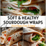 Homemade soft sourdough wraps folded with fresh fillings on a rustic kitchen counter.