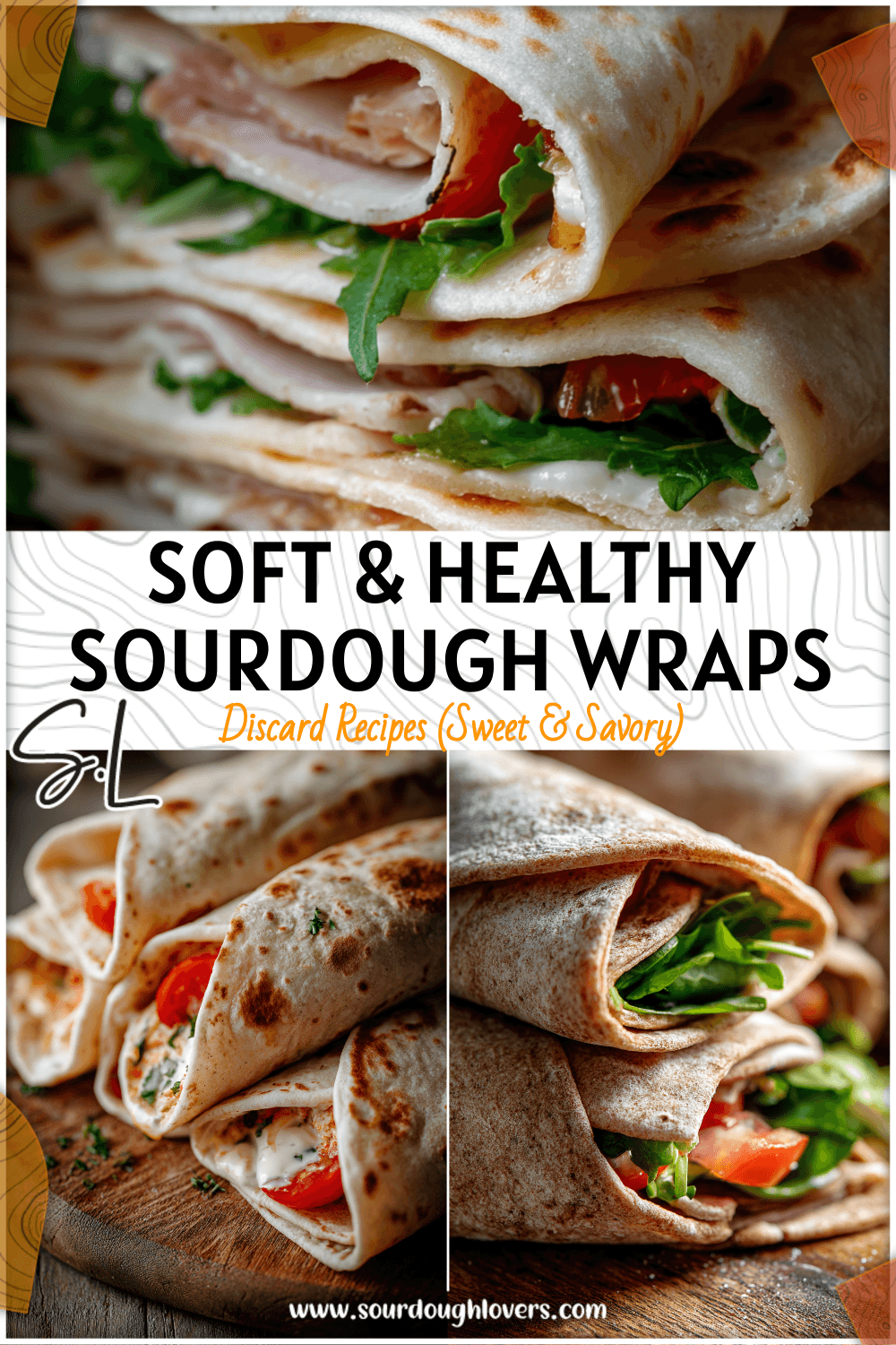 Homemade soft sourdough wraps folded with fresh fillings on a rustic kitchen counter.