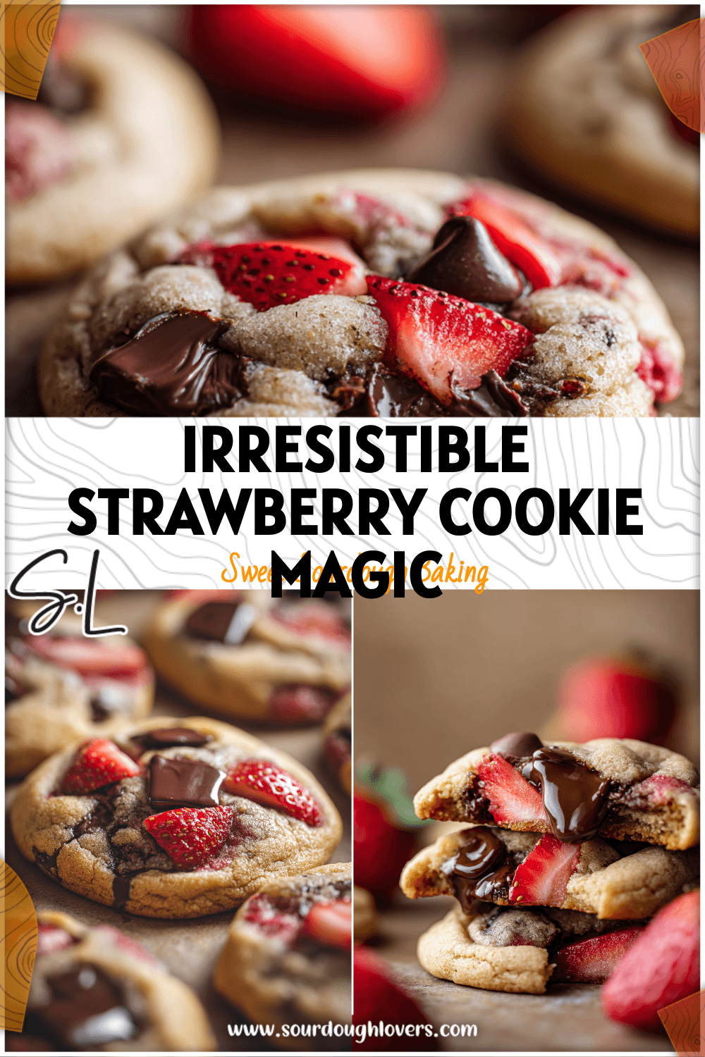 Close-up of freshly baked Strawberry Chocolate Chip Cookies showing melted dark chocolate and sliced strawberries.