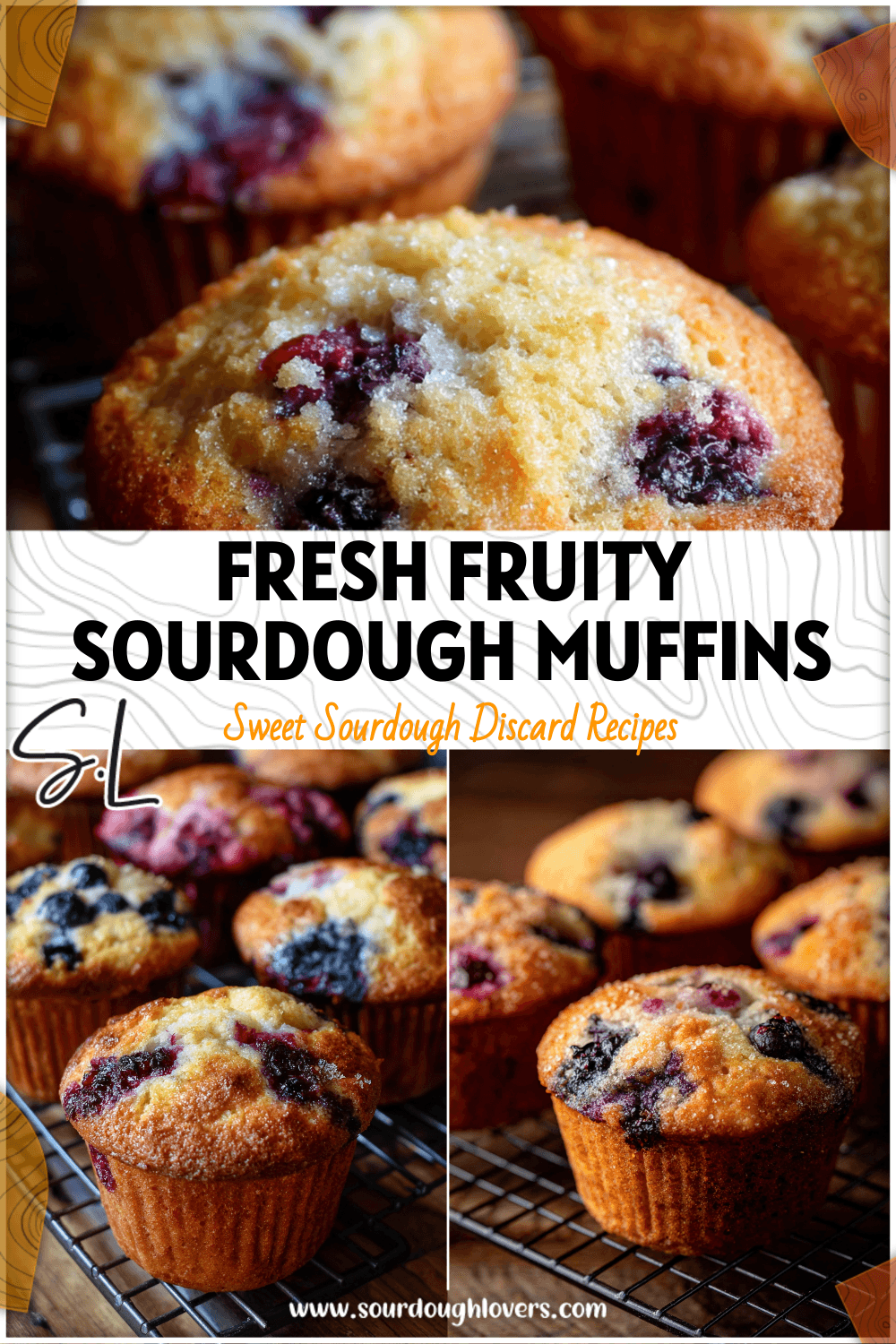 Assorted sourdough blackberry and blueberry lemon muffins cooling on a kitchen rack with golden tops