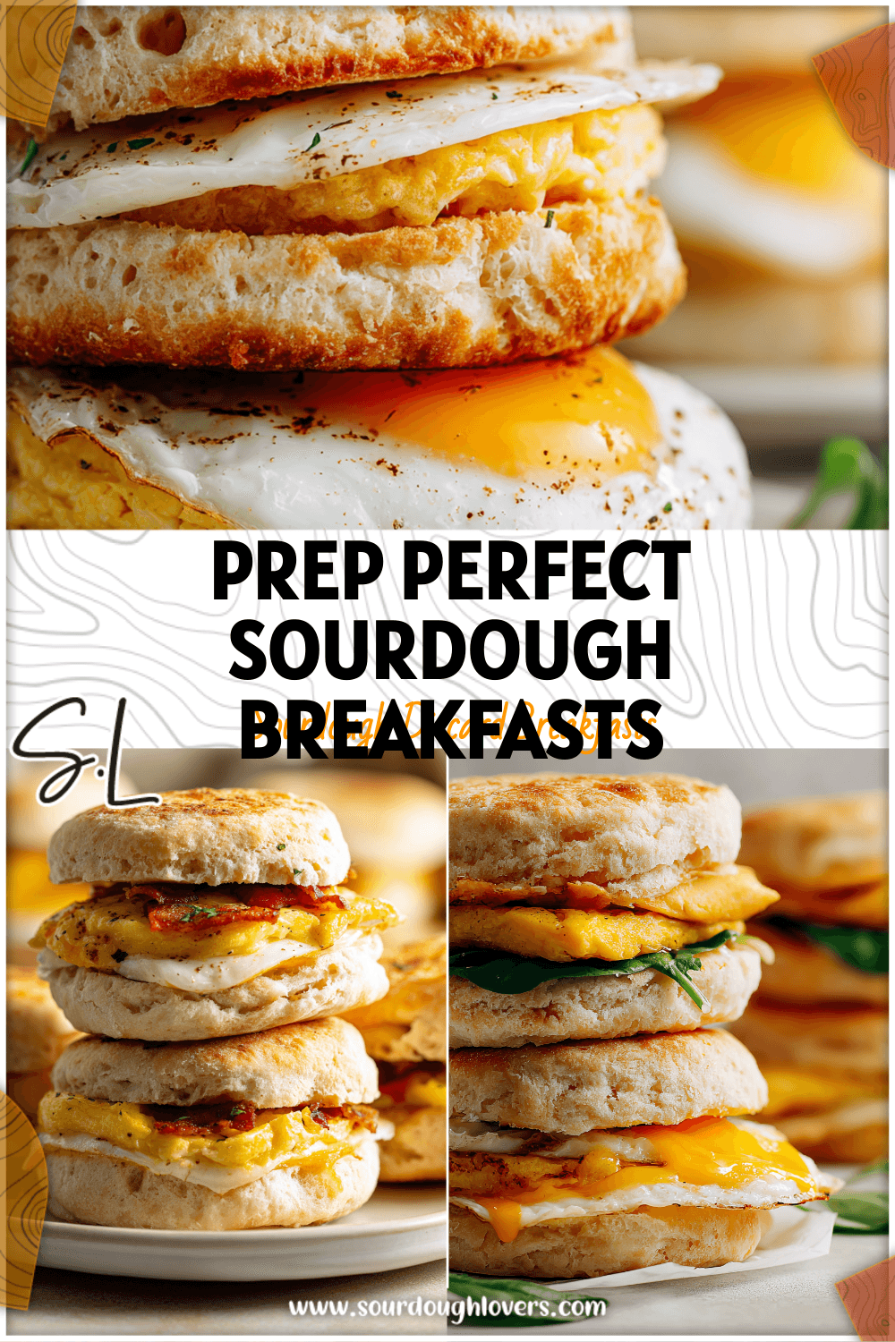 Stacked sourdough breakfast sandwiches with eggs and golden discard biscuits on a white plate.