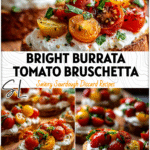 Sourdough bruschetta topped with cherry tomatoes and burrata on a rustic board