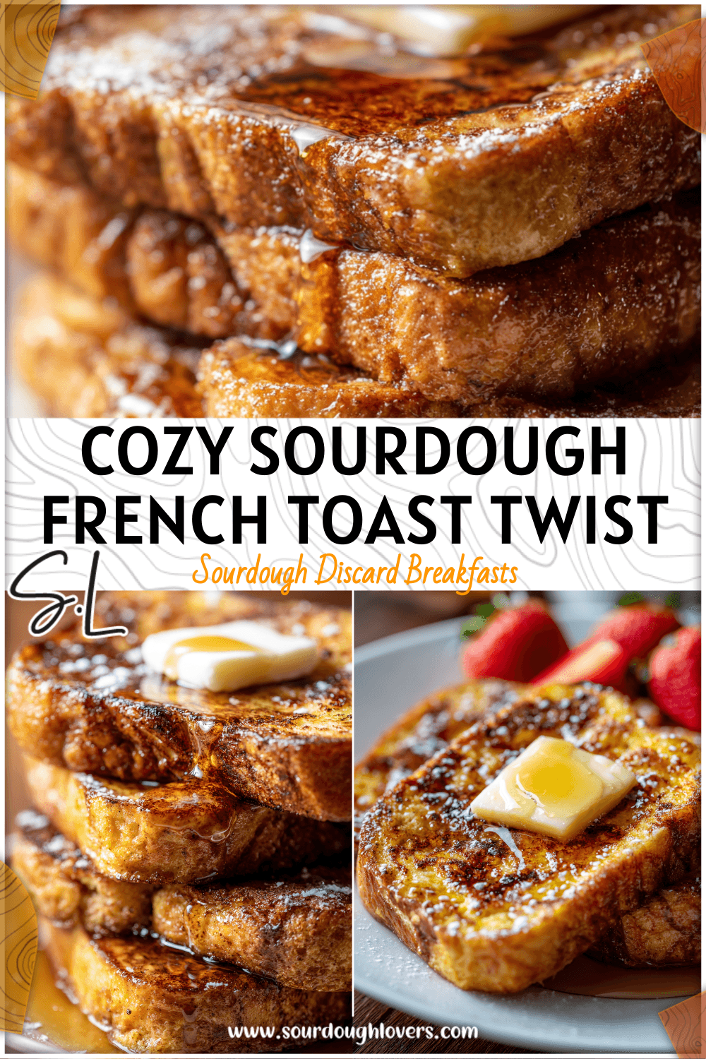 Golden Sourdough Cinnamon-Swirl French Toast topped with butter and syrup made from Sourdough Bread Mix.