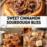 Plate of golden Sourdough Cinnamon-Swirl French Toast made with Cinnamon Pecan Sourdough Bread topped with pecans.