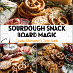 A rustic charcuterie board with Savory Sourdough Crackers, Sourdough Pretzel Crackers, cheeses, and fruit arranged beautifully.