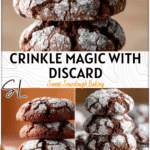 Stack of chocolate crinkle cookies dusted with powdered sugar made from sourdough discard for a holiday dessert.