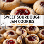 Golden Sourdough Thumbprint Cookies filled with bright raspberry jam and dusted with sugar on a cooling rack.