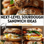 A stacked Sourdough Everything Bagel Sandwich layered with eggs, greens, and savory sourdough inclusions.