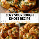 Rustic sourdough garlic knots with herbs made from sourdough discard on a wooden board.