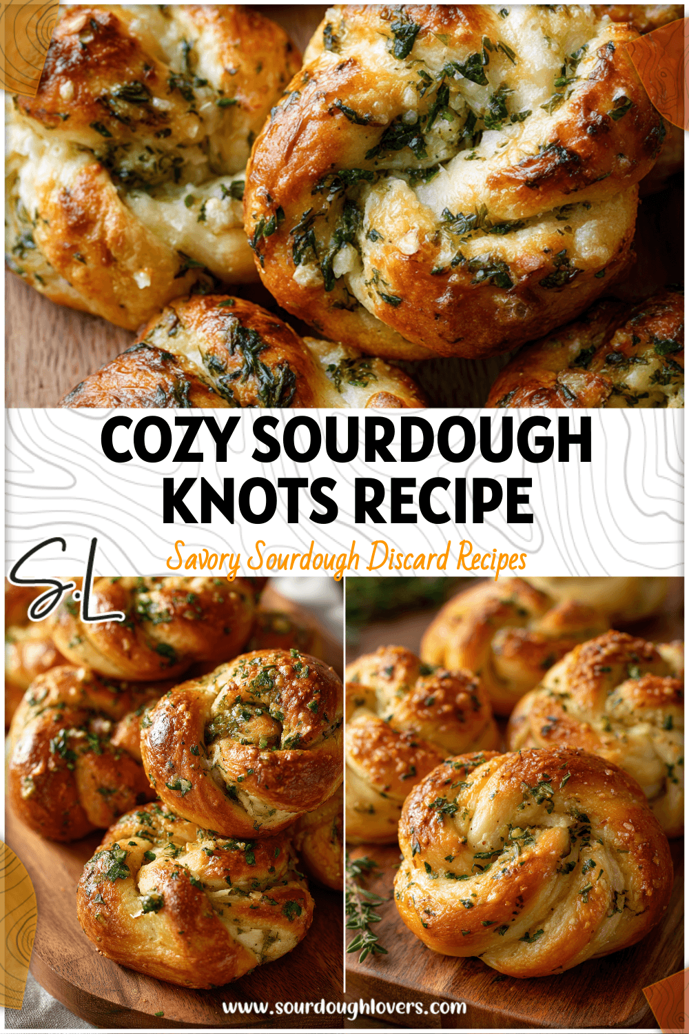 Rustic sourdough garlic knots with herbs made from sourdough discard on a wooden board.