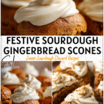 Golden sourdough gingerbread scones topped with cream cheese frosting on a holiday plate for Christmas breakfast