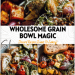 Colorful veggie grain bowl with roasted vegetables, sourdough slices, and whole grains for a clean eating meal prep.