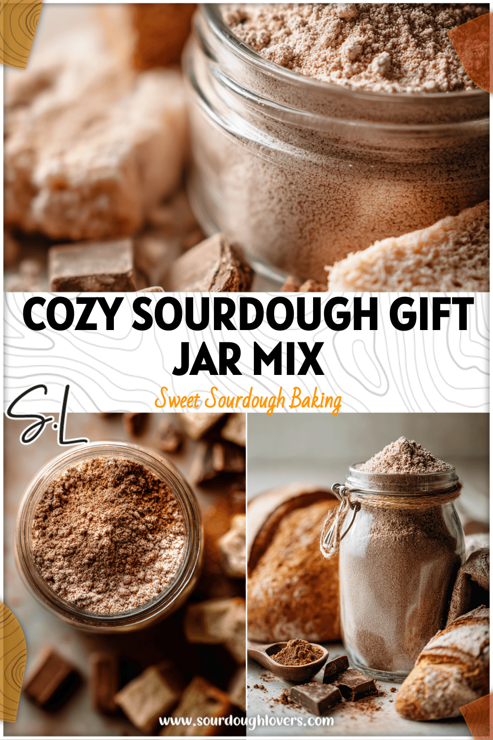 Glass jar filled with rustic Sourdough Hot Chocolate Mix beside Artisan Bread Sour Dough and cocoa pieces