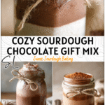 A rustic glass jar filled with layered sourdough hot chocolate mix tied with twine beside chocolate pieces.