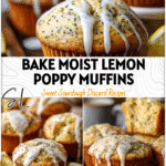 Close-up of moist Buttermilk Lemon And Poppyseed Muffins with zesty drizzle on a rustic tray.
