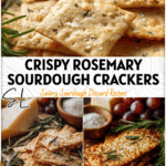 Rustic sourdough parmesan crackers sprinkled with rosemary sea salt on a wooden board beside cheese and grapes.